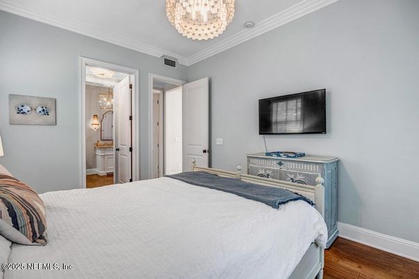 Bedroom, Chandelier, Interior, Wood Texture Flooring