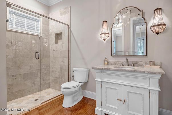 Bathroom, Glass Shower, Interior, Wood Texture Flooring