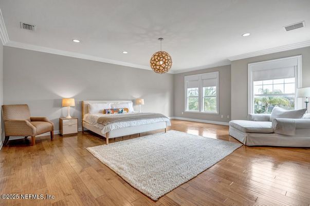 Bedroom, Interior, Pendant Lights, Recessed Lighting, Wood Texture Flooring