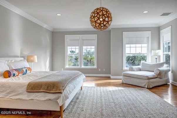 Bedroom, Interior, Pendant Lights, Recessed Lighting, Wood Texture Flooring