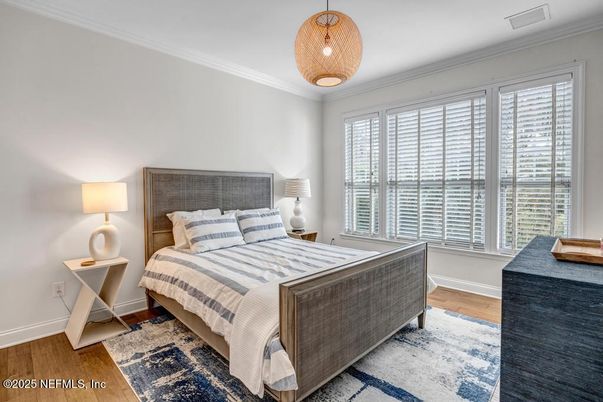 Bedroom, Interior, Pendant Lights, Wood Texture Flooring