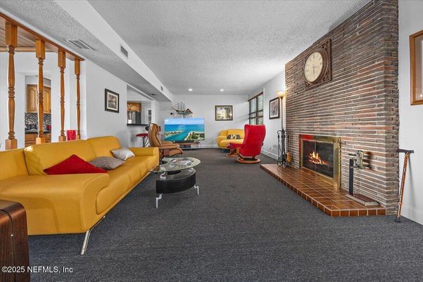 Fireplace, Interior, Living room, Recessed Lighting, Stone Walls