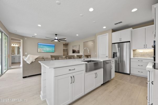 Interior, Kitchen, Living room, Recessed Lighting, Stainless Steel Appliances, Wood Texture Flooring
