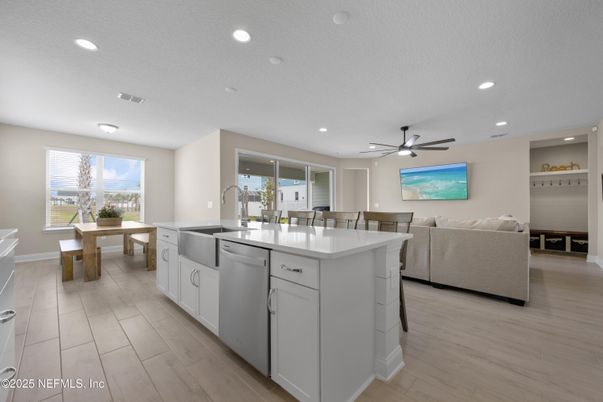 Dining room, Interior, Kitchen, Living room, Recessed Lighting, Wood Texture Flooring