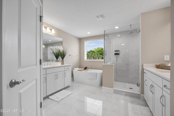 Bathroom, Dual Sink Vanities, Free Standing Baths, Glass Shower, Interior, Marble, Marble Walls, Recessed Lighting