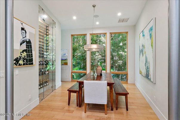 Dining room, Interior, Pendant Lights, Recessed Lighting, Wood Texture Flooring