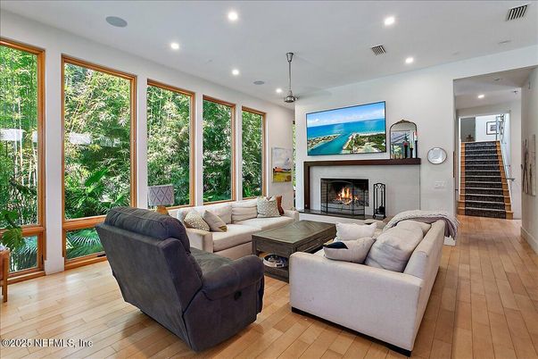 Fireplace, Interior, Living room, Pendant Lights, Recessed Lighting, Wood Texture Flooring