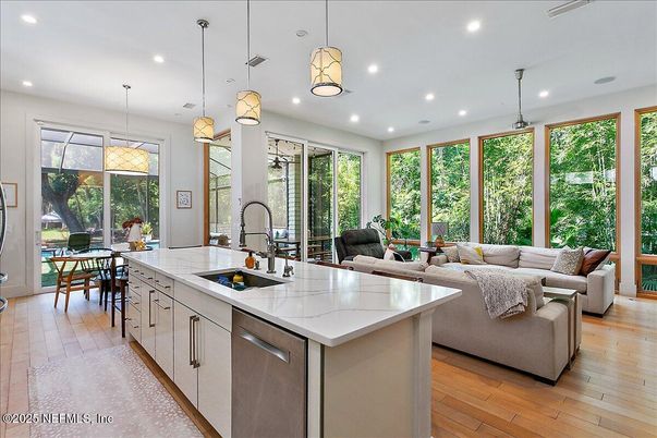 Interior, Kitchen, Living room, Pendant Lights, Recessed Lighting, Stainless Steel Appliances, Wood Texture Flooring