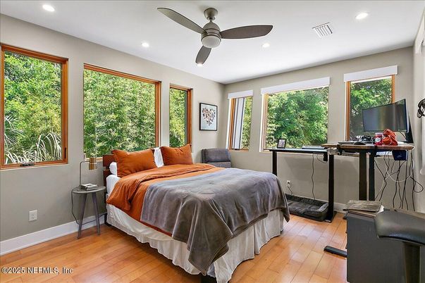 Bedroom, Interior, Recessed Lighting, Wood Texture Flooring