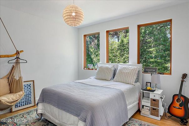 Bedroom, Interior, Pendant Lights, Wood Texture Flooring