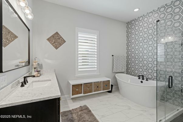 Bathroom, Dual Sink Vanities, Free Standing Baths, Glass Shower, Interior, Marble, Recessed Lighting