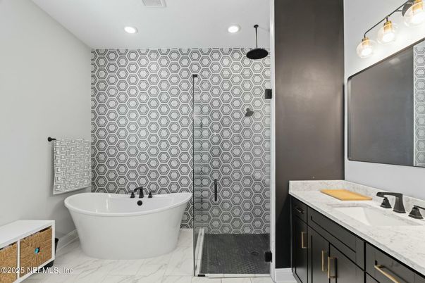Bathroom, Dual Sink Vanities, Free Standing Baths, Interior, Marble, Recessed Lighting