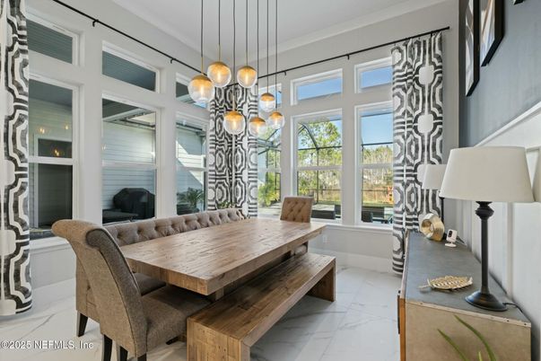 Dining room, Interior, Marble, Pendant Lights