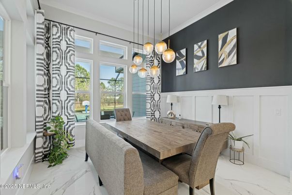 Dining room, Interior, Marble, Pendant Lights