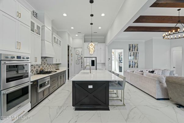 Interior, Kitchen, Living room, Marble, Pendant Lights, Recessed Lighting, Stainless Steel Appliances, Wooden Beams
