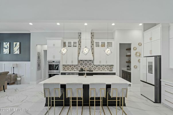 Interior, Kitchen, Marble, Pendant Lights, Recessed Lighting, Stainless Steel Appliances