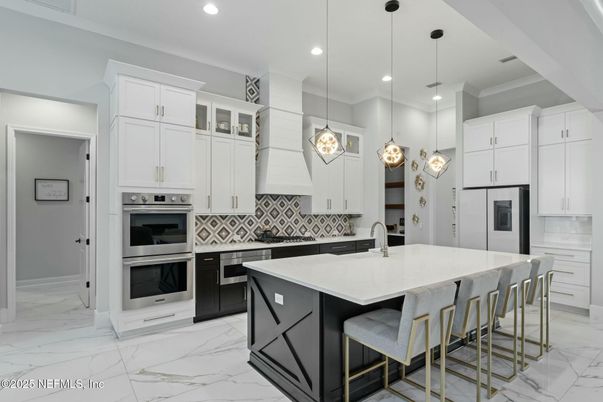 Interior, Kitchen, Marble, Pendant Lights, Recessed Lighting, Stainless Steel Appliances