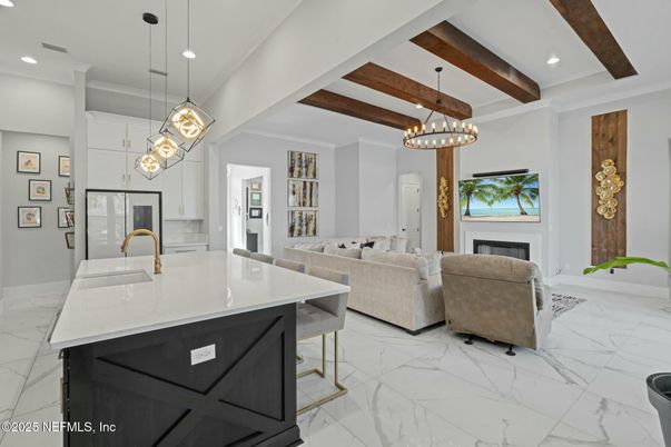 Fireplace, Interior, Kitchen, Living room, Marble, Pendant Lights, Recessed Lighting, Wooden Beams