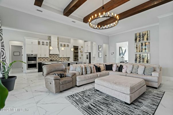 Interior, Kitchen, Living room, Marble, Pendant Lights, Stainless Steel Appliances, Wooden Beams