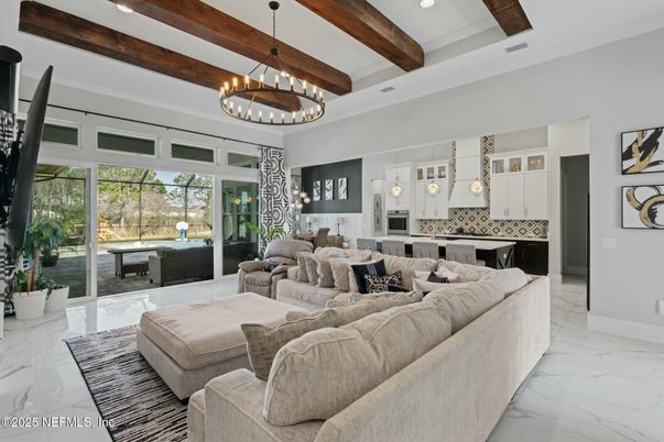 Interior, Kitchen, Living room, Marble, Pendant Lights, Recessed Lighting, Wooden Beams