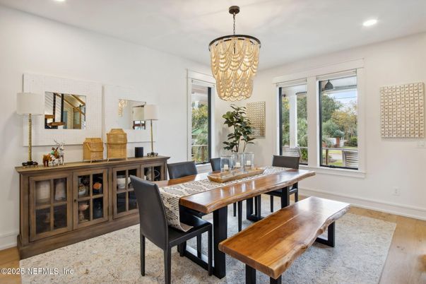 Chandelier, Dining room, Interior, Recessed Lighting, Wood Texture Flooring