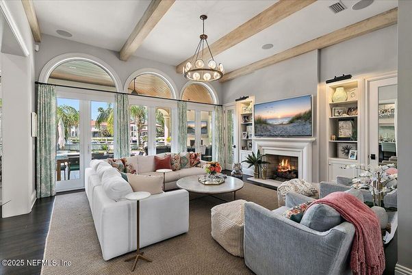 Fireplace, Interior, Living room, Pendant Lights, Wooden Beams, Wood Texture Flooring