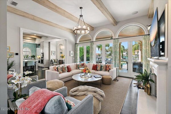 Chandelier, Dining room, Fireplace, Interior, Kitchen, Living room, Pendant Lights, Wooden Beams, Wood Texture Flooring