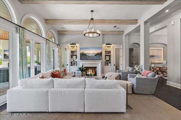 Fireplace, Interior, Living room, Pendant Lights, Recessed Lighting, Wooden Beams, Wood Texture Flooring