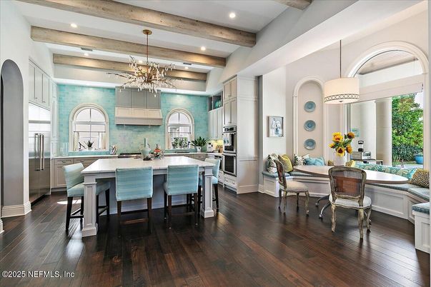 Dining room, Interior, Kitchen, Pendant Lights, Recessed Lighting, Stainless Steel Appliances, Wooden Beams, Wood Texture Flooring