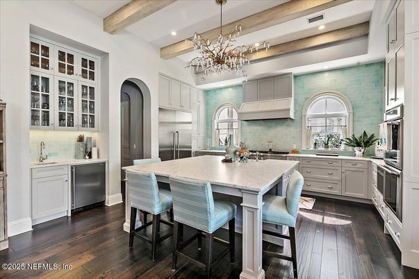 Interior, Kitchen, Pendant Lights, Recessed Lighting, Stainless Steel Appliances, Wooden Beams, Wood Texture Flooring
