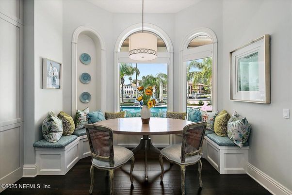 Dining room, Interior, Pendant Lights, Wood Texture Flooring