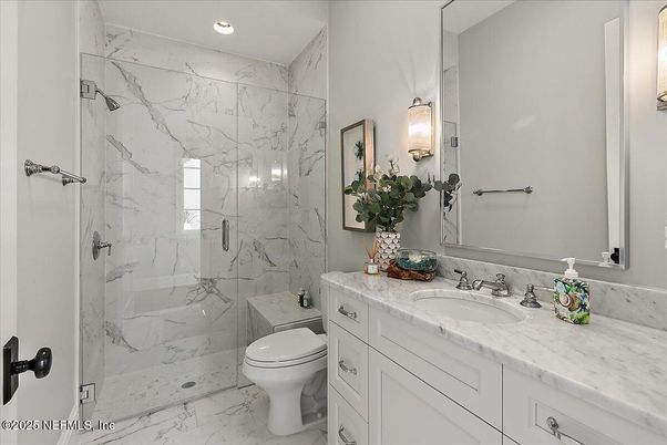 Bathroom, Glass Shower, Interior, Marble, Marble Walls, Recessed Lighting