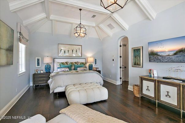 Bedroom, Interior, Pendant Lights, Wood Texture Flooring
