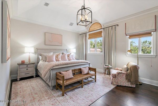 Bedroom, Interior, Pendant Lights, Wood Texture Flooring