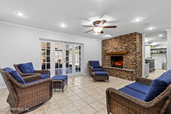 Fireplace, Interior, Living room, Recessed Lighting, Stone Walls