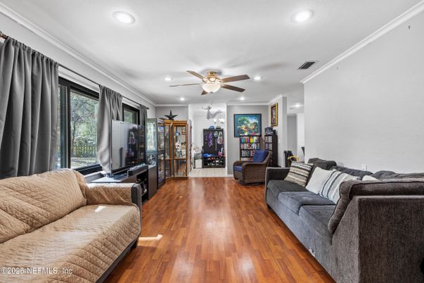 Interior, Living room, Recessed Lighting, Wood Texture Flooring