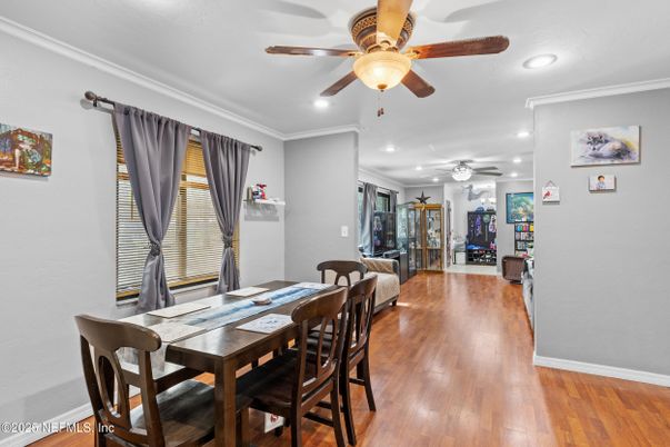 Dining room, Interior, Recessed Lighting, Wood Texture Flooring