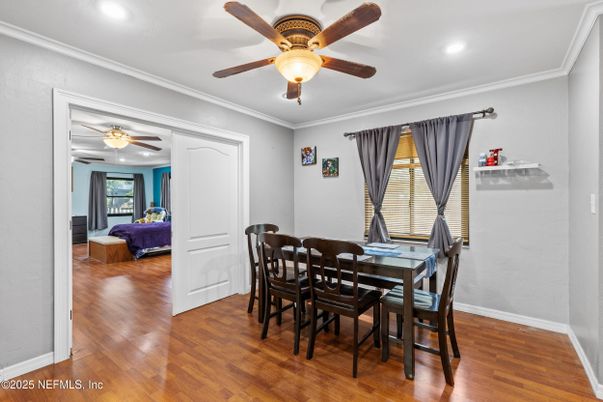 Dining room, Interior, Recessed Lighting, Wood Texture Flooring
