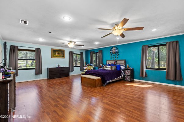 Bedroom, Interior, Recessed Lighting, Wood Texture Flooring