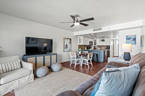 Dining room, Interior, Kitchen, Living room, Recessed Lighting, Stainless Steel Appliances, Wood Texture Flooring