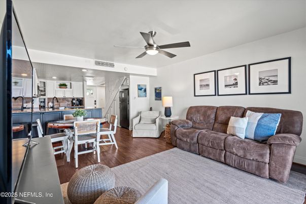 Dining room, Interior, Kitchen, Living room, Recessed Lighting, Stainless Steel Appliances, Wood Texture Flooring
