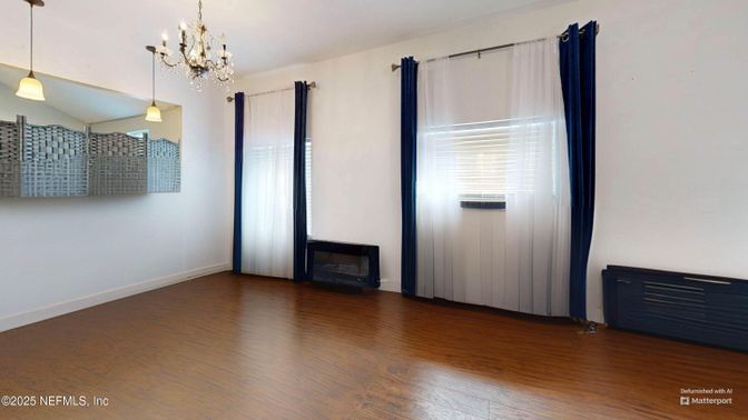 Chandelier, Empty room, Fireplace, Interior, Pendant Lights, Wood Texture Flooring