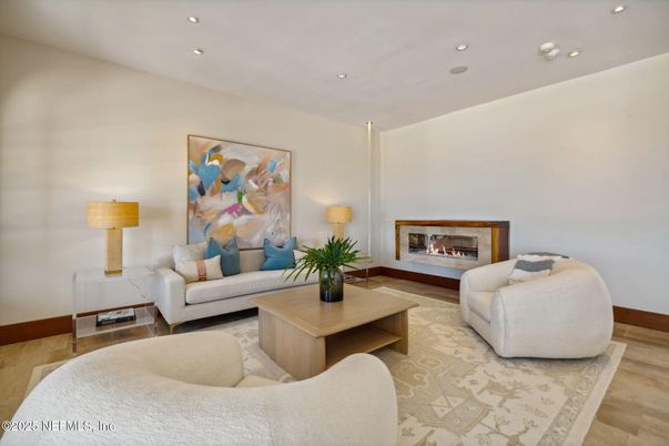 Fireplace, Interior, Living room, Recessed Lighting, Wood Texture Flooring