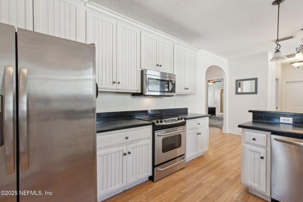 Interior, Kitchen, Pendant Lights, Stainless Steel Appliances, Wood Texture Flooring