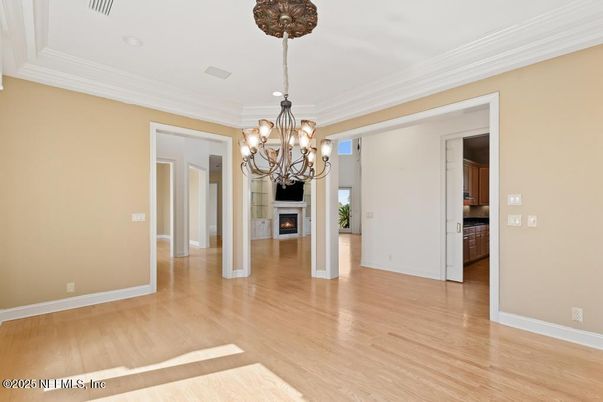 Chandelier, Empty room, Fireplace, Interior, Wood Texture Flooring