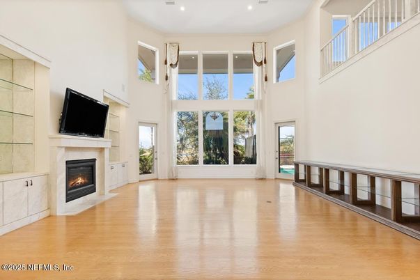 Empty room, Fireplace, Interior, Recessed Lighting, Wood Texture Flooring