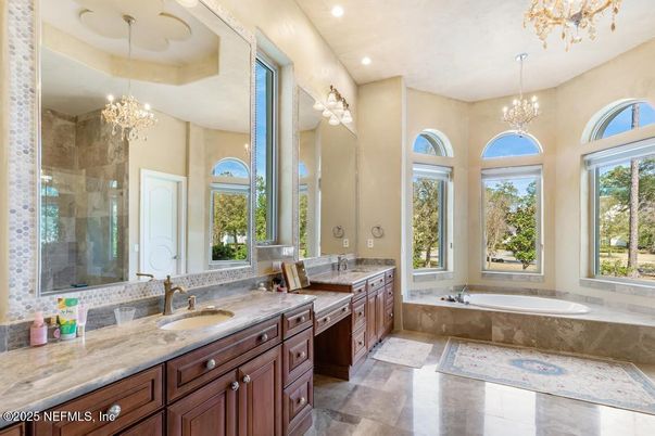 Bathroom, Chandelier, Dual Sink Vanities, Interior, Recessed Lighting