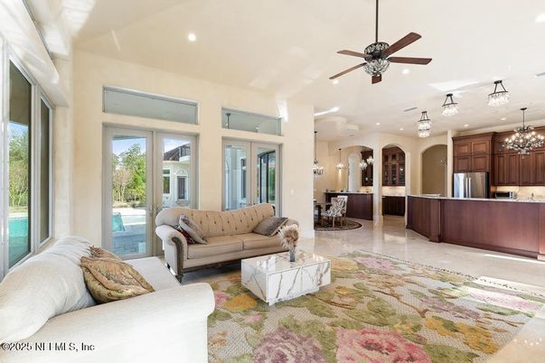 Chandelier, Dining room, Interior, Kitchen, Living room, Pendant Lights, Recessed Lighting, Stainless Steel Appliances