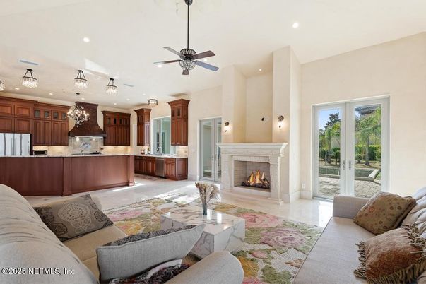 Fireplace, Interior, Kitchen, Living room, Pendant Lights, Recessed Lighting, Stainless Steel Appliances