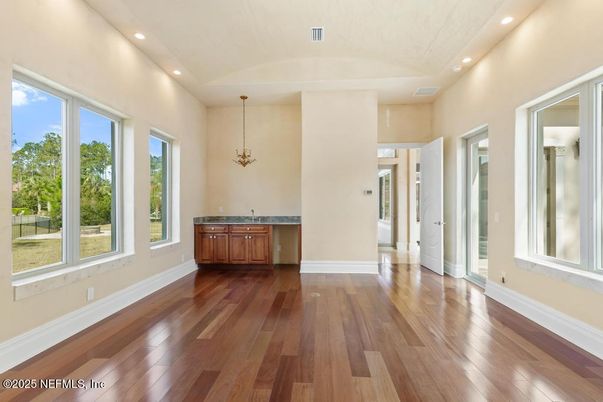 Chandelier, Empty room, Interior, Pendant Lights, Recessed Lighting, Wood Texture Flooring